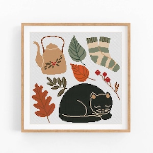 Herfstkruissteekpatroon, Halloween, kat kruissteek pdf, Thanksgiving, herfstseizoen handborduurwerk. Moderne getelde kruissteekkaart.