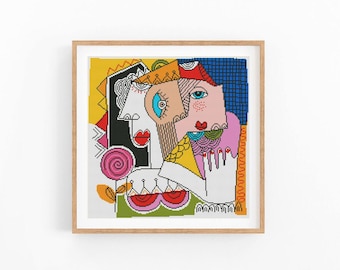 Cubist Face Cross Stitch Pattern, Line Art and Color Portrait Chart, Modern Abstract Wall Art, Beginner Friendly, Instant Download PDF