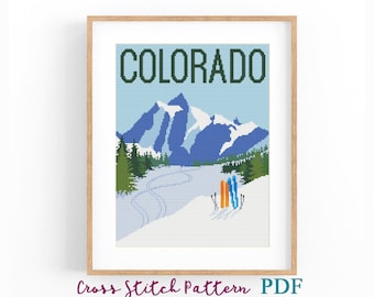 Colorado United States Cross Stitch Pattern. Retro Travel Poster US. Nature Counted Cross Stitch Chart. Landscape. PDF Instant Download.