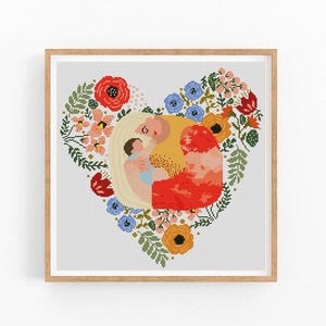 Mãe e bebê, padrão moderno de ponto cruz, flor, coração, amor, desenho de bordado para o dia dos namorados, gráfico de ponto cruz, download instantâneo em PDF.