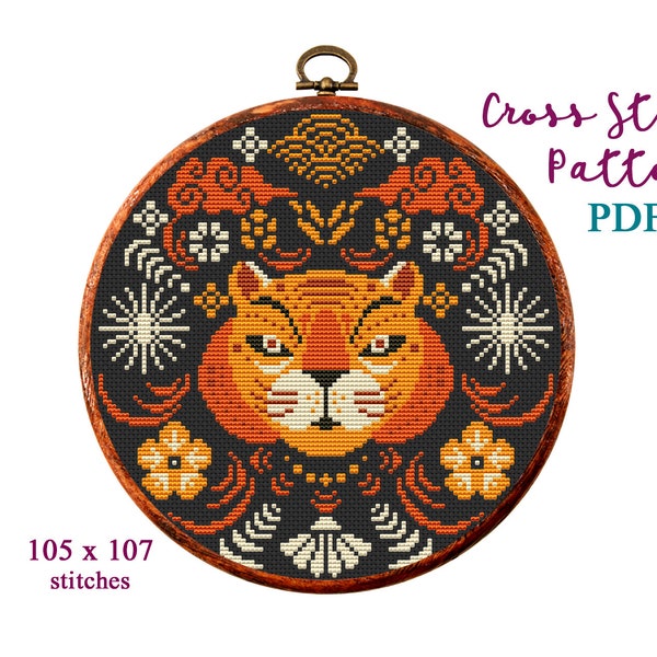 Cross Stitch Pattern New Year of the Tiger PDF, Chinese Tiger Counted Cross Stitch, Holiday decor, cross stitch chart, Instant download PDF