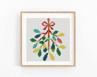 Mistletoe Cross Stitch Pattern, Modern Christmas X-Stitch Chart, Holiday Bow Design, Instant Download PDF