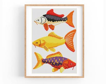 Koi Fish Cross Stitch Pattern, Three Fish Water Chart, Colorful Modern Wall Art PDF