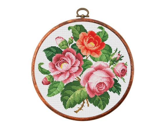Vintage Colorful Crossstitch Flowers Embroidered Picture Floral