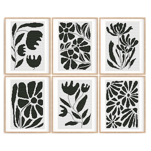 Set of 6 Modern Flowers Cross stitch patterns, Abstract nature cross stitch, Plant, Easy counted cross stitch chart. Instant download PDF