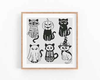 Halloween Cats Cross Stitch Pattern, Mummy Skeleton Ghost Witch Kitten Nature Embroidery Chart, Spooky Set, Instant Download PDF