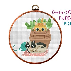 Cats with ball of wool cross stitch pattern. Small cross stitch PDF.Animal Hand Embroidery.Cat lover gift.Modern counted cross stitch chart.