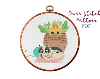 Cats with ball of wool cross stitch pattern. Small cross stitch PDF.Animal Hand Embroidery.Cat lover gift.Modern counted cross stitch chart.