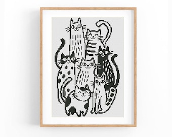 Cats Cross Stitch Pattern, Black Modern Cat Chart, Whimsical Wall Decor, Cat Lover Gift, Beginner Friendly, Instant Download PDF