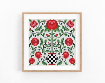 Modern Folk Roses Cross Stitch Pattern, Symmetrical Floral Chart, Instant Download PDF