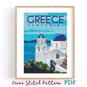 Patrón de punto de cruz de Grecia Santorini. Cartel de viaje antiguo. Gráfico de punto de cruz contado. Paisaje. Descarga instantánea de PDF. Punto de cruz.