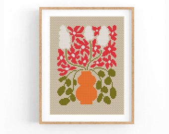 Cross Stitch Pattern Modern Floral Abstract, Easy x-stitch Pattern, Flowers Cross Stitch Chart, Mini Nature Pattern, Instant Download PDF