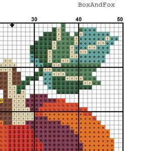 Pode incluir: Um padr&atilde;o de ponto cruz com a etiqueta BoxAndFox, apresentando uma grade com eixos numerados. O design exibe uma folha em tons de verde e azul-petr&oacute;leo, um caule castanho e uma sec&ccedil;&atilde;o de fruta preenchida com s&iacute;mbolos laranja, vermelhos e roxos escuros.