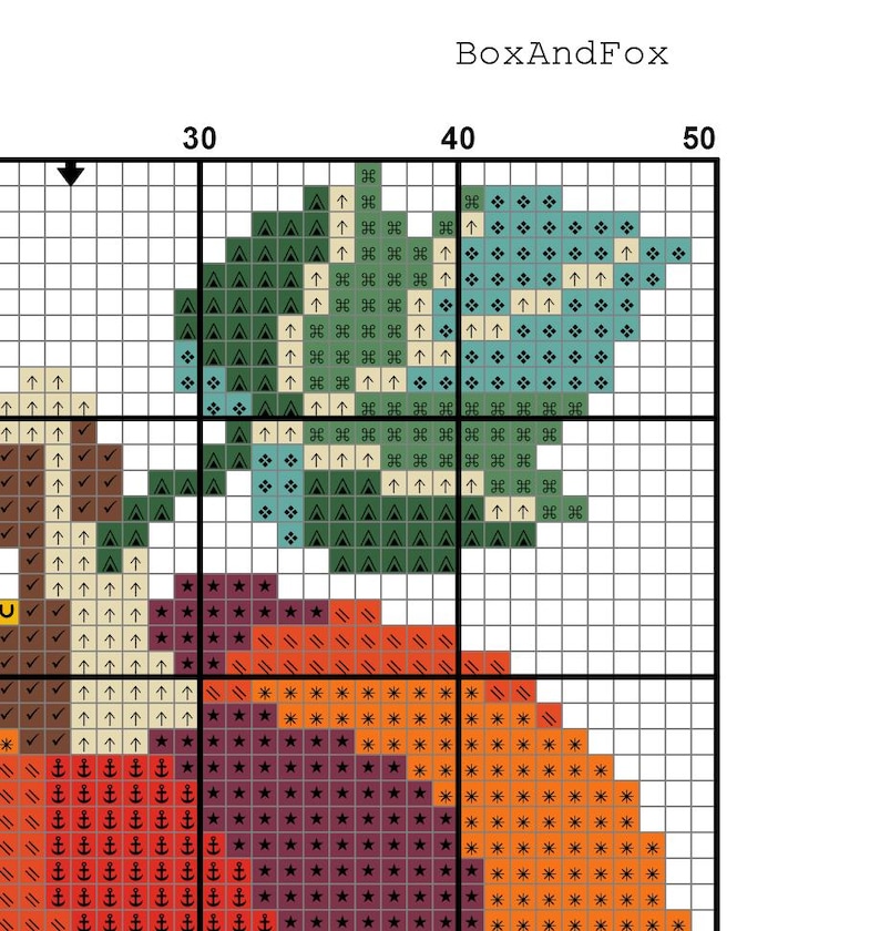 Pode incluir: Um padr&atilde;o de ponto cruz com a etiqueta BoxAndFox, apresentando uma grade com eixos numerados. O design exibe uma folha em tons de verde e azul-petr&oacute;leo, um caule castanho e uma sec&ccedil;&atilde;o de fruta preenchida com s&iacute;mbolos laranja, vermelhos e roxos escuros.