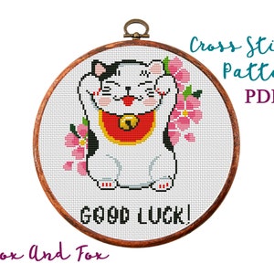 Viel Glück Katze Modernes Kreuzstichmuster. Kreuzstichvorlage. Für Kinder Kreuzstich. Hoop Art. Tierstickerei. Sofortiger Download PDF