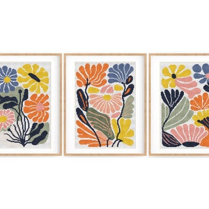 Set van 3 moderne bloemen kruissteekpatronen, kleurrijke kruissteek abstracte bloemen, boho-telpatroon. Pdf direct downloaden