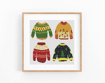Christmas Ugly Sweaters Cross Stitch Pattern, Four Knit Jumpers Chart, Winter Holiday Wall Decor, Beginner Friendly, Instant Download PDF
