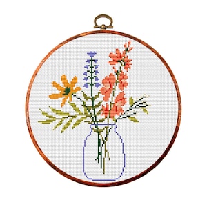 Wilde bloemen. Modern kruissteekpatroon. Boeket getelde kruissteekkaart. Borduurwerk met natuurringen. Kleine steek. Pdf direct downloaden