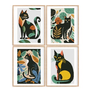 Set of 4 Cross Stitch Pattern Cat Abstract, Modern x-stitch Pattern, Cross Stitch Chart, Kitten Lover Gift Pattern, Instant Download PDF