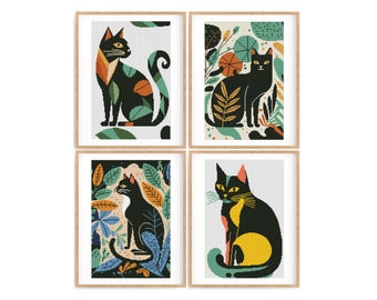 May include: Set of four framed prints featuring black cats with colorful geometric patterns and foliage. Each print has a different cat pose and background.