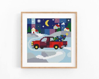 Christmas Truck Cross Stitch Pattern, Winter Village Chart, Red Pickup Holiday Embroidery, no-AI design, Instant Download PDF