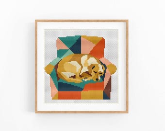 Sleeping Labrador Retriever Cross Stitch Pattern, Geometric Triangle Chart, Beginner Friendly, Instant Download PDF