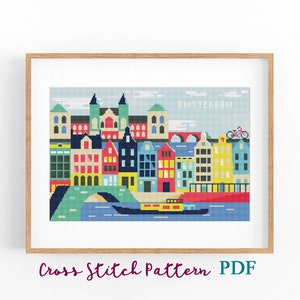 Amsterdam Kreuzstichmuster . Holland Modernes Reiseplakat. Kreuzstichvorlage. Stickdatei Stadtbild Stickdatei Sofort-Download.