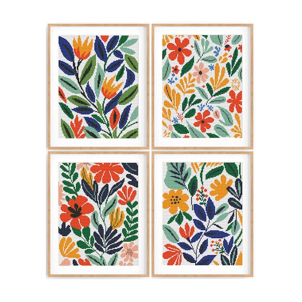 Set of 4 Modern Boho Cross stitch patterns, Abstract nature cross stitch, Plant, Sun, Small counted cross stitch chart. Instant download PDF