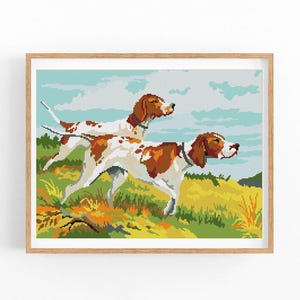 Korsstygnsmönster med porträtt av pekarhund, hund, retro korsstygnsmönster, heltäckande landskapsmönster med X-stygn, direktnedladdning i PDF-format