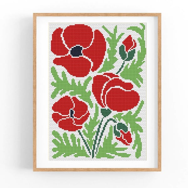 Art abstrait coquelicot au point de croix, motif de point de croix moderne, tableau de point de croix de fleurs, motif d'ornement de la nature, PDF à télécharger instantanément