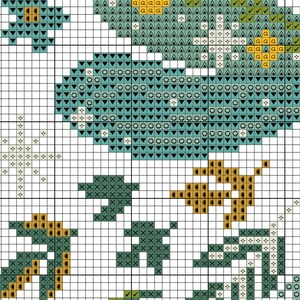 May include: Cross stitch pattern featuring a teal blue bird with yellow and green accents. The bird is surrounded by a variety of floral elements, including yellow flowers and green leaves.