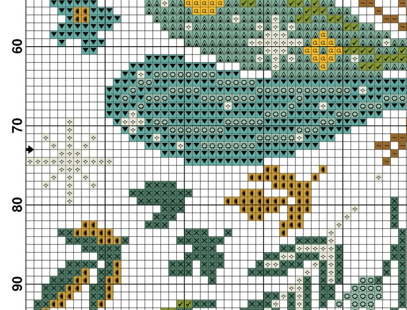 May include: Cross stitch pattern featuring a teal blue bird with yellow and green accents. The bird is surrounded by a variety of floral elements, including yellow flowers and green leaves.