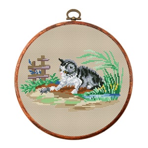 Vintage Cross Stitch Pattern, Antique Cross Stitch Design, Cat x-stitch pattern, Animal Victorian Embroidery, Kitten, instant download PDF