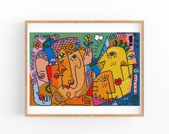 Cubist Faces Cross Stitch Pattern, Colorful Abstract Group Portrait Chart, Modern Wall Art, Instant Download PDF