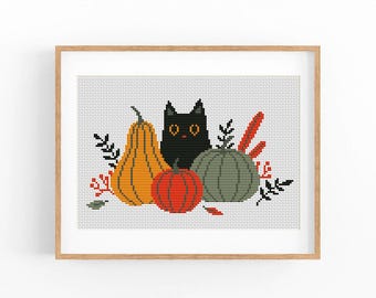 Halloween kat kruissteekpatroon. Dierlijke kruissteek pdf. Pompoen handborduurwerk. Cadeau voor kattenliefhebber. Moderne getelde kruissteekkaart.