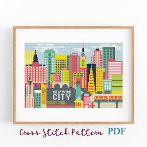 Patrón de punto de cruz de la ciudad de Nueva York. Cartel de viaje geométrico. Gráfico de punto de cruz contado. Concepto de bordado de paisaje urbano PDF Descarga instantánea.