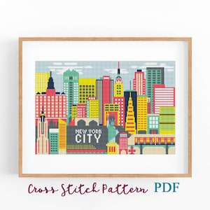 New York City Cross Stitch Pattern. Geometric Travel Poster. Counted Cross Stitch Chart. Concept Cityscape Embroidery PDF Instant Download.