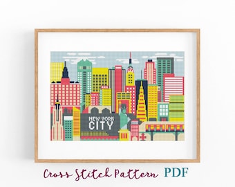 New York City Cross Stitch Pattern. Geometric Travel Poster. Counted Cross Stitch Chart. Concept Cityscape Embroidery PDF Instant Download.