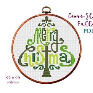Merry Christmas Cross Stitch Pattern, Modern Cross Stitch Pattern, Holidays Cross Stitch Pattern, Christmas Tree, Text, Instant Download PDF