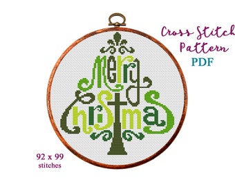 Merry Christmas Cross Stitch Pattern, Modern Cross Stitch Pattern, Holidays Cross Stitch Pattern, Christmas Tree, Text, Instant Download PDF