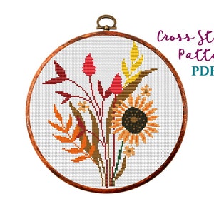 Fall cross stitch pattern, autumn bouquet design, Fall cross stitch PDF, Thanksgiving, Hand Embroidery. Modern counted cross stitch chart.