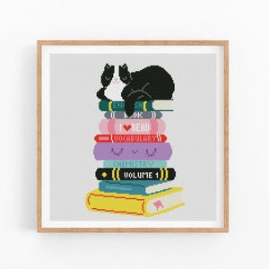 Puede incluir: Un bordado de punto de cruz enmarcado que representa un gato blanco y negro descansando sobre una pila de libros coloridos. Los libros muestran títulos como "READ" y "VOCABULARY". La obra de arte tiene un fondo gris claro y un marco de madera.