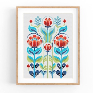 Kruissteekpatroon. Scandinavische volksbloemen. Moderne telpatroon. Natuurborduurwerk. Kussen x-stitch. PDF direct downloaden.