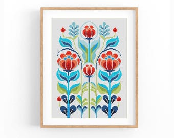 Cross stitch pattern. Scandinavian Folk Flowers. Modern Counted cross stitch chart. Nature embroidery.Cushion x-stitch.Instant download PDF.