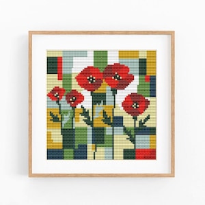 Five Poppies Cross Stitch Pattern, Color Block Geometric Chart, Instant Download PDF