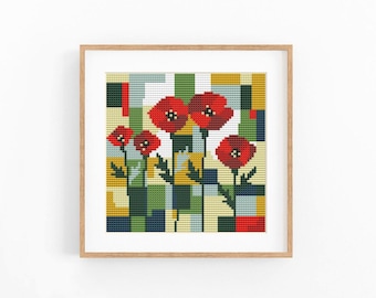 Five Poppies Cross Stitch Pattern, Color Block Geometric Chart, Instant Download PDF