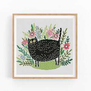Zwarte kat bloem plant kruissteekpatroon, natuur modern x-stitch patroon, kruissteektabel, kattenliefhebber cadeau patroon, instant download pdf