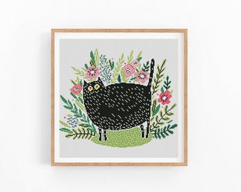 Black cat Flower Plant Cross Stitch Pattern, Nature Modern x-stitch Pattern,Cross Stitch Chart, Cat Lover Gift Pattern, Instant Download PDF
