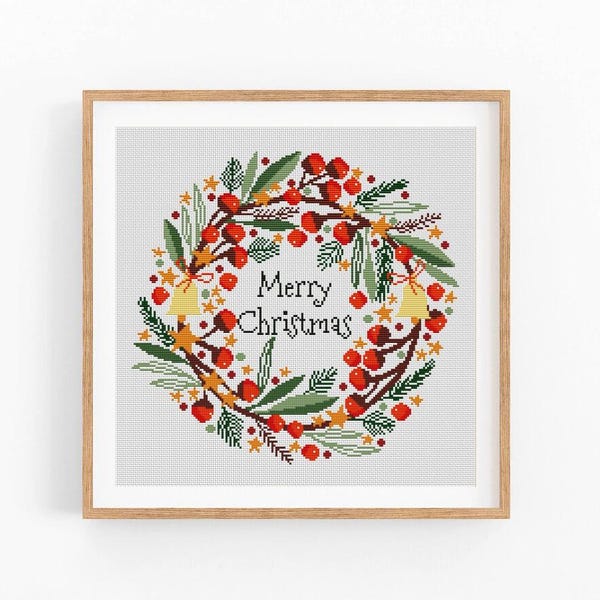 Merry Christmas Cross Stitch Pattern, Modern x-stitch Pattern, Winter Cross Stitch Chart, Holiday Wreath Pattern, Gift, Instant Download PDF