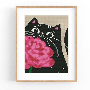Zwarte kat bloem pioen kruissteekpatroon, roos modern x-steekpatroon, kruissteektabel, kattenliefhebber cadeaupatroon, Instant Download PDF